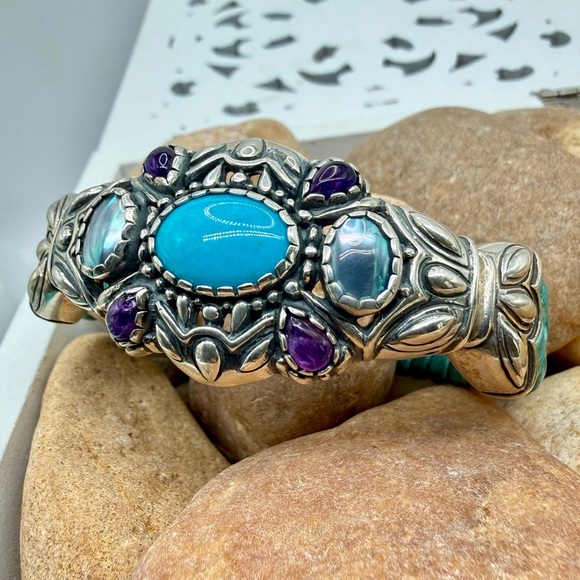 Carolyn Pollack Relios Turquoise Multi Stone Sterling Leather Cuff NWT 6 3/4” - Picture 16 of 17
